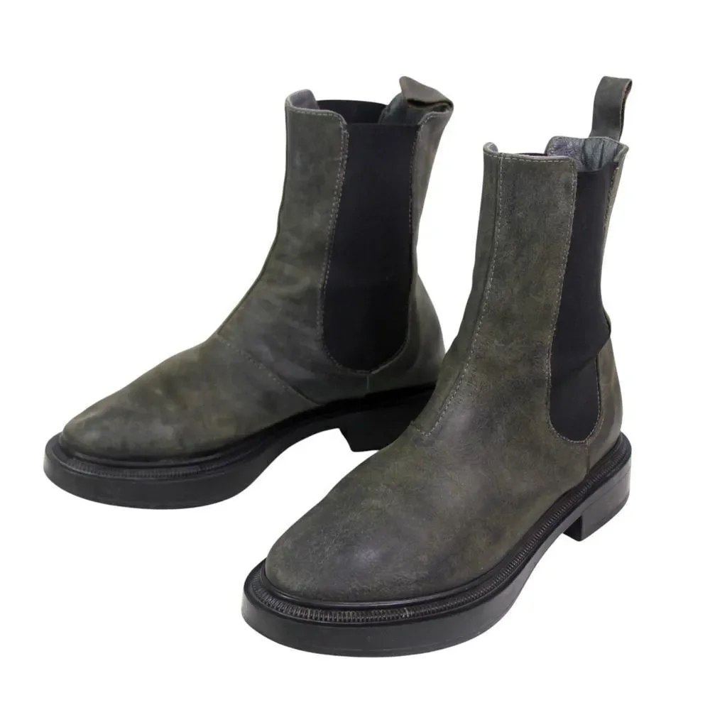 ALL BLACK GRAY REAL LEATHER LOW HEEL ROUND TOE ELASTIC SIDES ANKLE BOOTS Sz 37